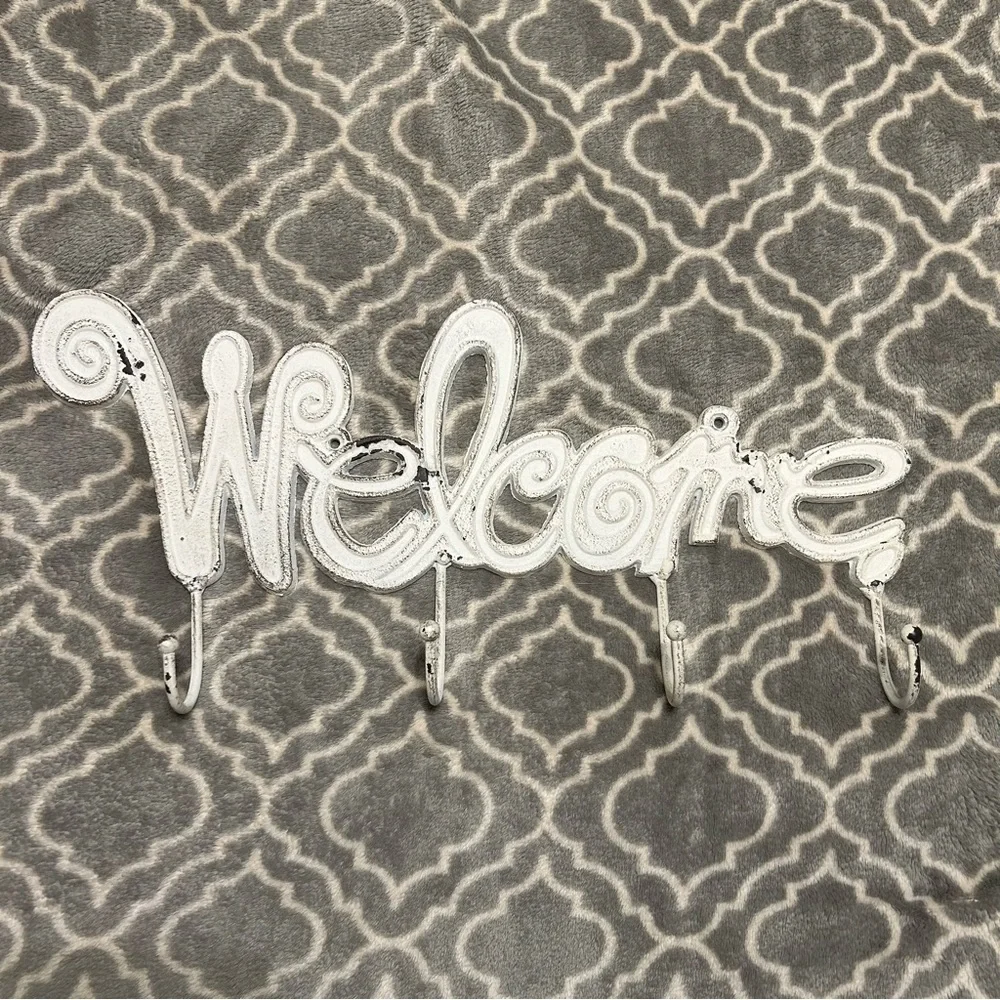 Beautiful Country-Chic Painted Metal Welcome Wall Decor With Coat Hooks.